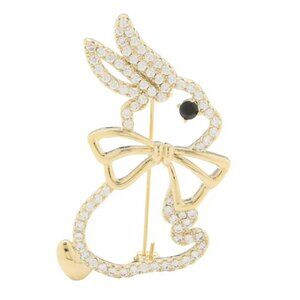 Gold Tone 2" Bunny Rabbit Brooch Pin With Clear Rhinestones Easter